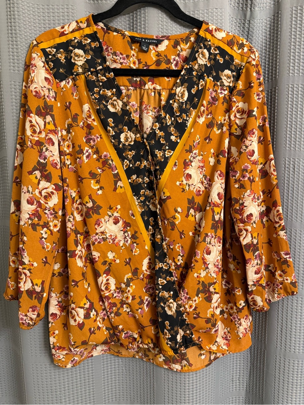 Zac & Rachel Mustard Yellow Floral Faux Wrap Surplice Blouse Top Large L